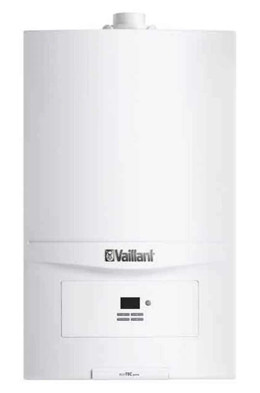 Weißer Vaillant-Wasserspeicher mit digitalem Display und Bedienelementen in der unteren Mitte, installiert an einer hellen Wand.